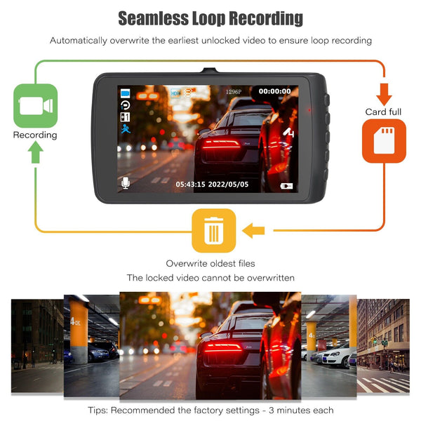 1080P Full HD 4" Dash Cam Dual Lens In Car Video Recorder With Rear Camera DVR