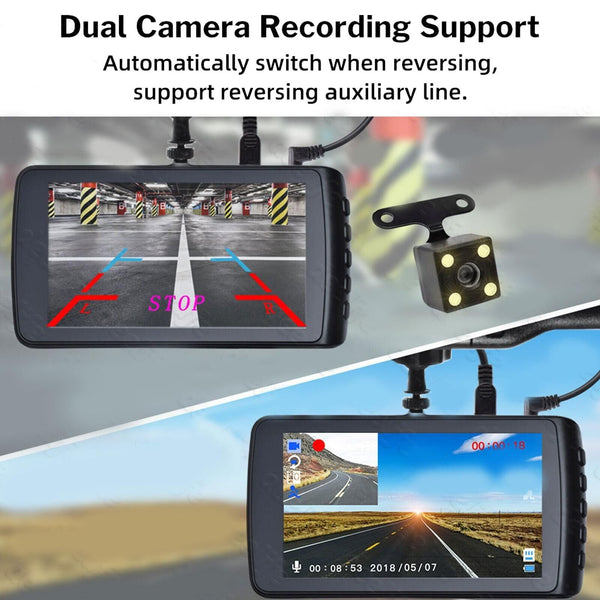 1080P Full HD 4" Dash Cam Dual Lens In Car Video Recorder With Rear Camera DVR