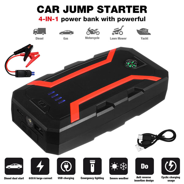 30000mAh Car Battery Booster 12V 600A Jump Starter Pack USB Charger Power Bank