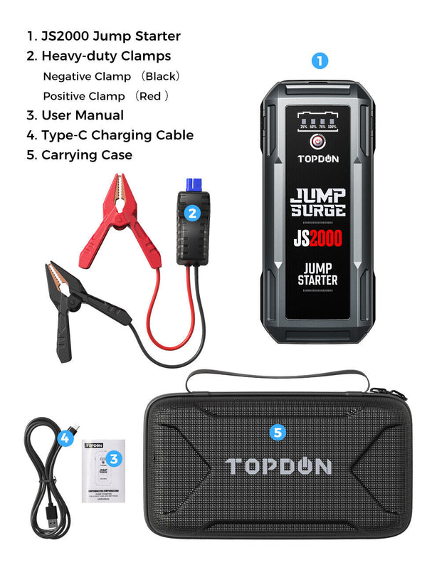 TOPDON JS2000 12V Car Jump Starter 2000A Battery Booster USB Charger Power Bank